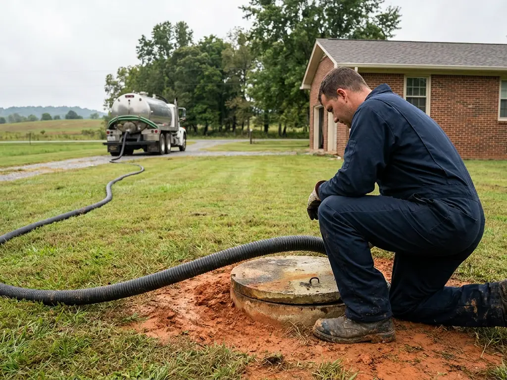 Septic technician beside an open tank lid with a vacuum truck behind him in a Clarksville, TN back yard